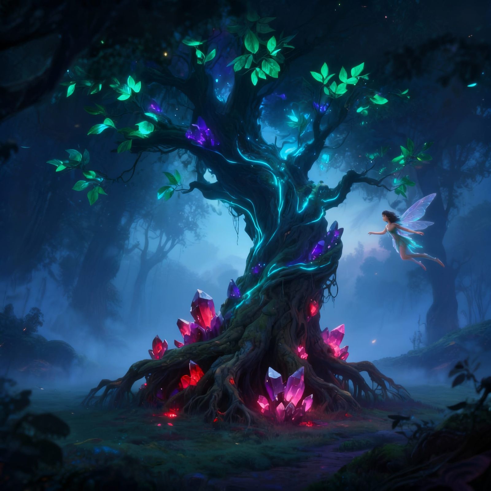 Ancient Bioluminescent Tree With Crystal Roots in Misty Fore...