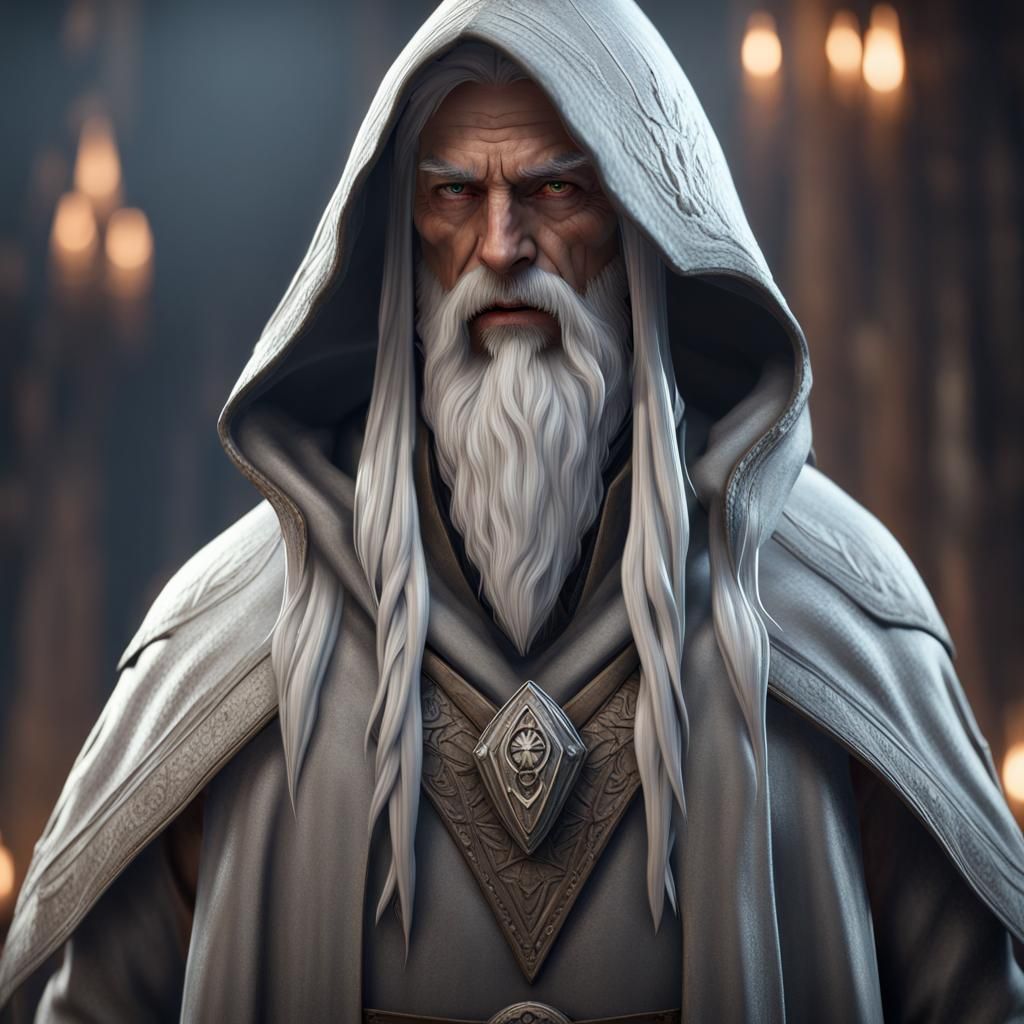 Mage with White Beard in Hooded Dress