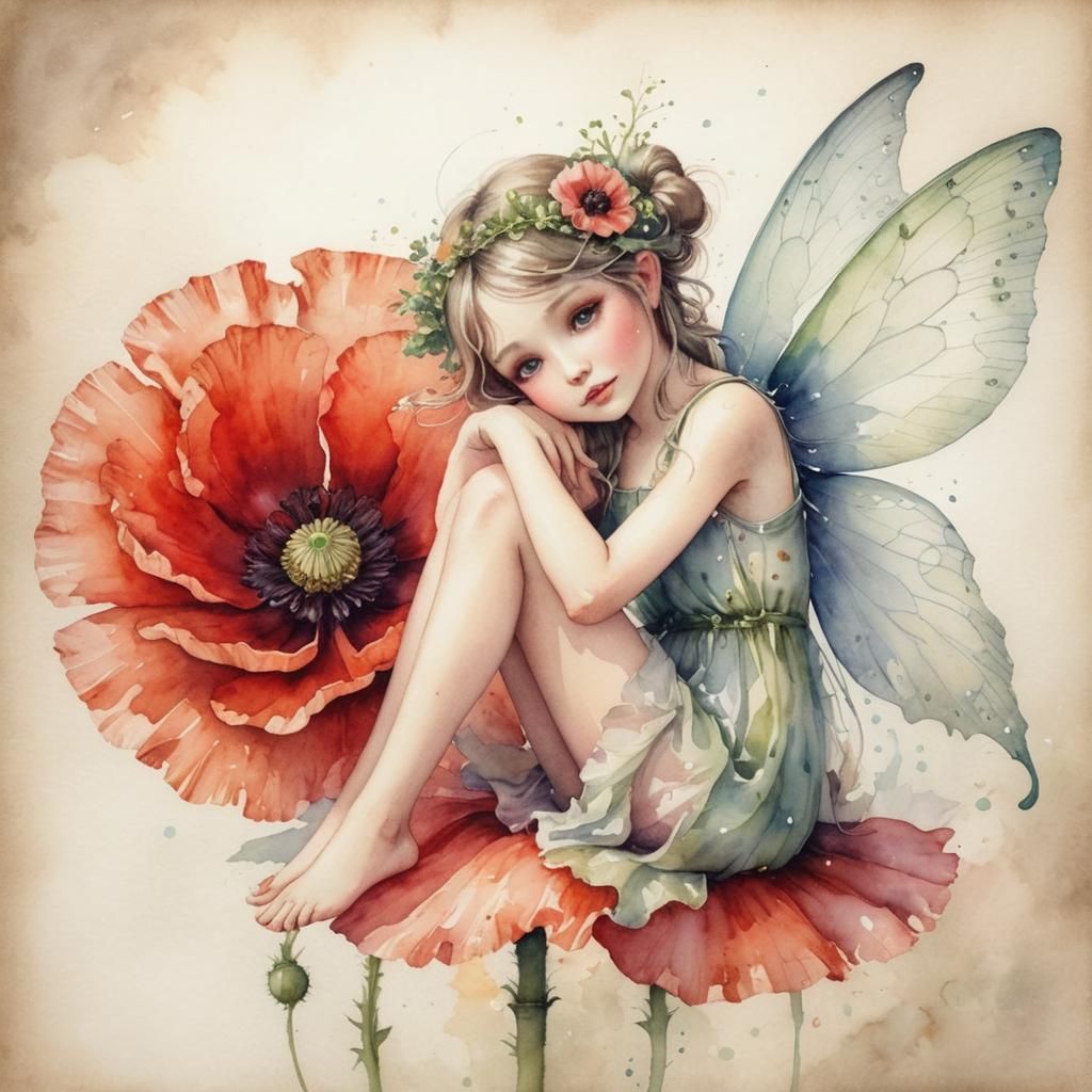 Fairy on Poppy Flower in Watercolor Style