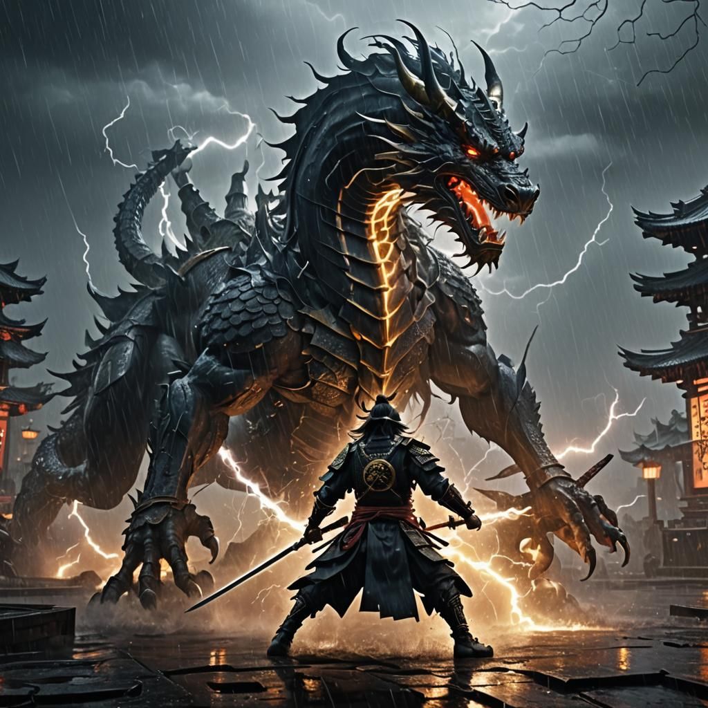 Epic Samurai and Dragon Battle in Dark Fantasy Style