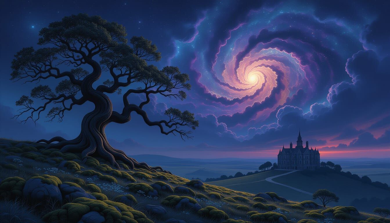 Cosmic Oak and Haunted Chateau Under Nebula