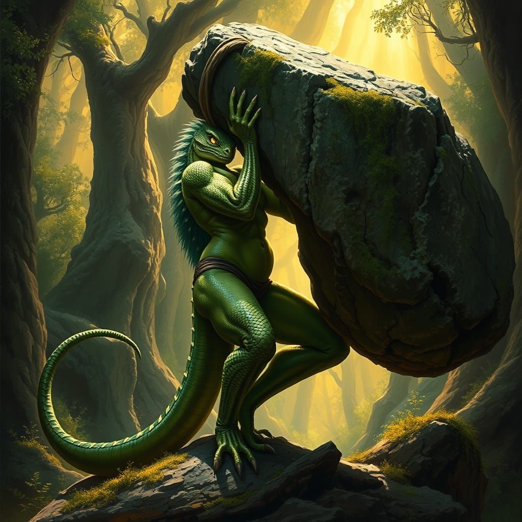 Muscular Lizard Woman Lifts Ancient Stone