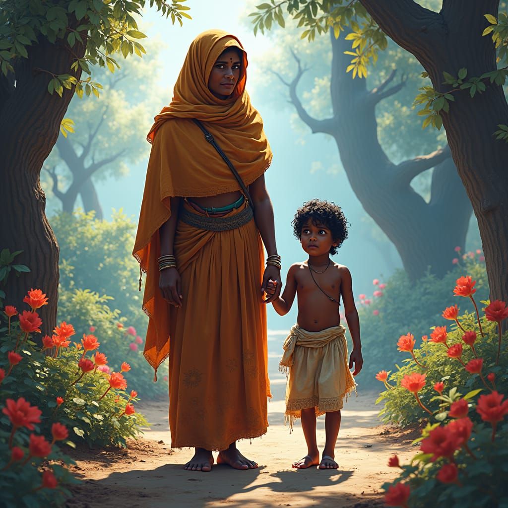 Indian Mother and Son in Mystical Landscape, Folk Art