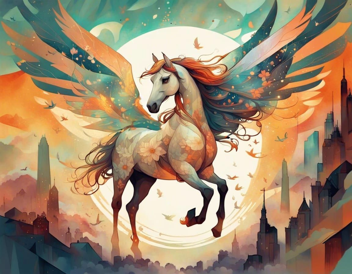 Winged Horse Digital Art in Alphonse Mucha Style