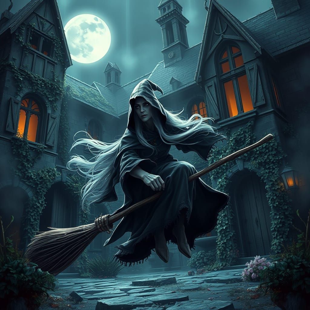 Wicked Witch Rides Gnarled Broom Around Haunted Mansion