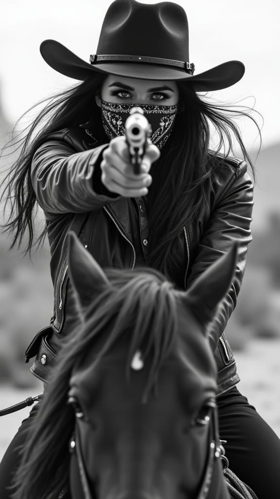 Cowgirl Mid-Action in Windswept Desert, Cinematic Black and ...