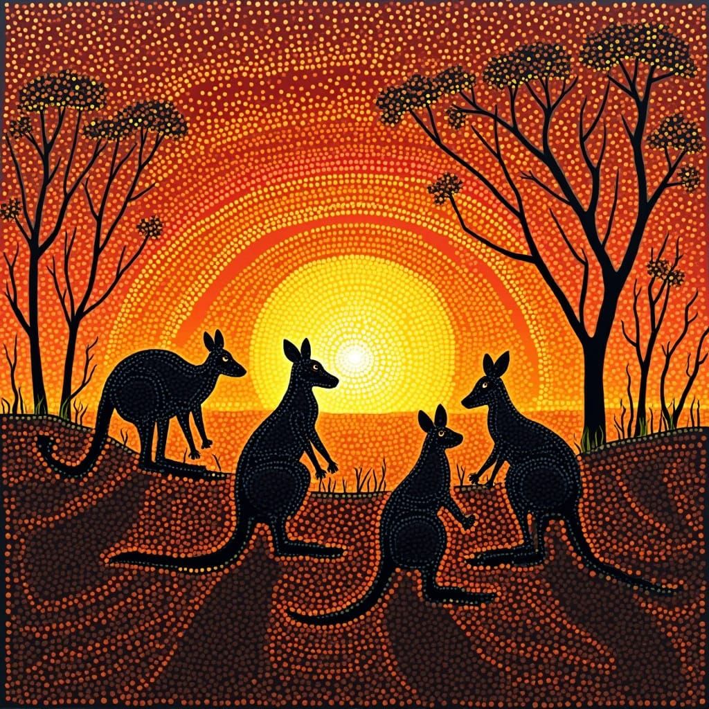 Aboriginal Dot Painting Sunset Over Outback With Kangaroos