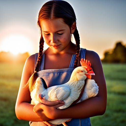 Farm Girl with Chicken in Golden Hour Lighting