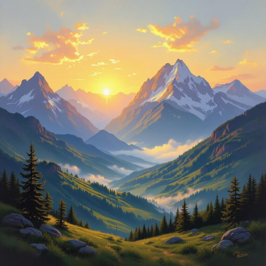 Serene Mountain Sunrise Landscape Painting