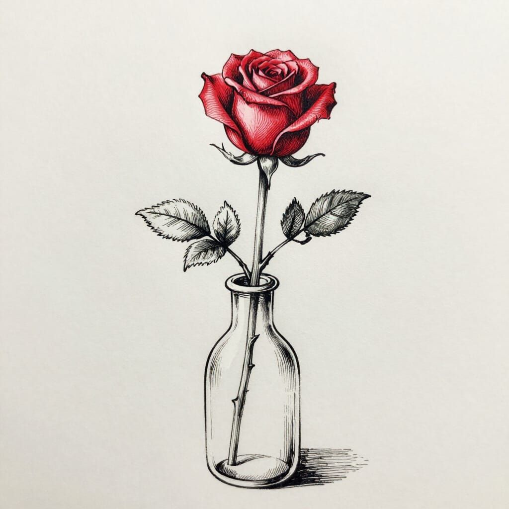 Single Red Rose Bud Vase Minimalist Line Art