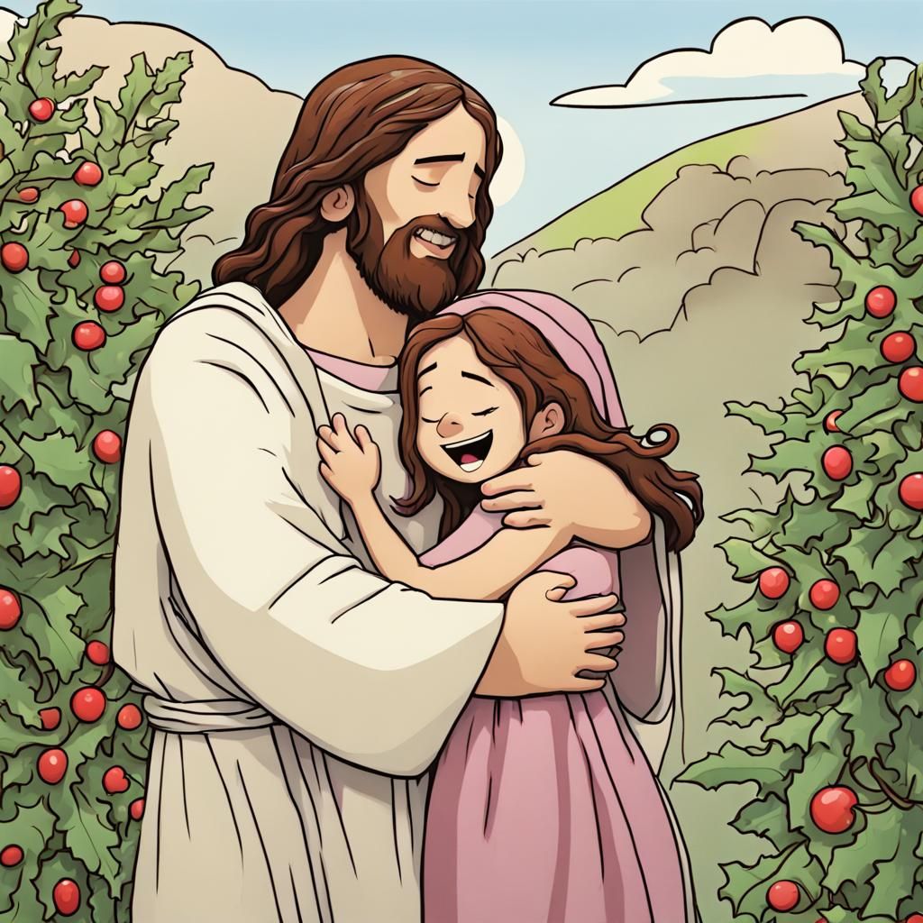 Cartoon Jesus Hugging Girl with Love