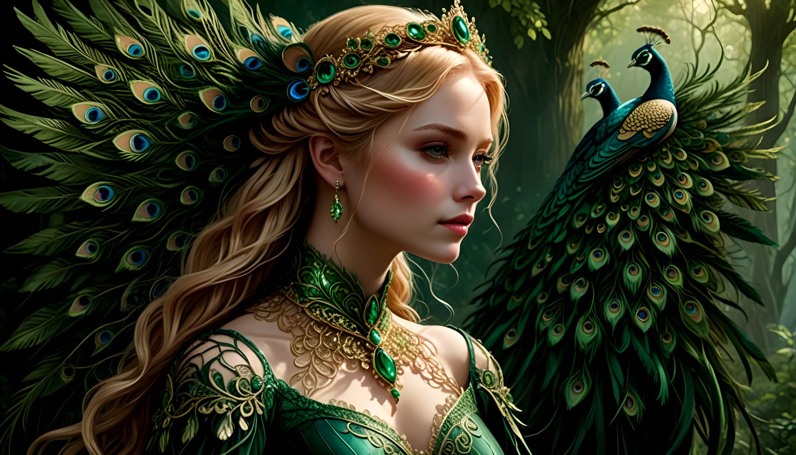 Fantasy Goddess with Peacock Feathers and Wings