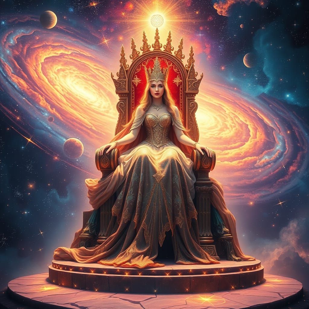 Celestial Queen on Starlight Throne, Cosmic Fantasy Art