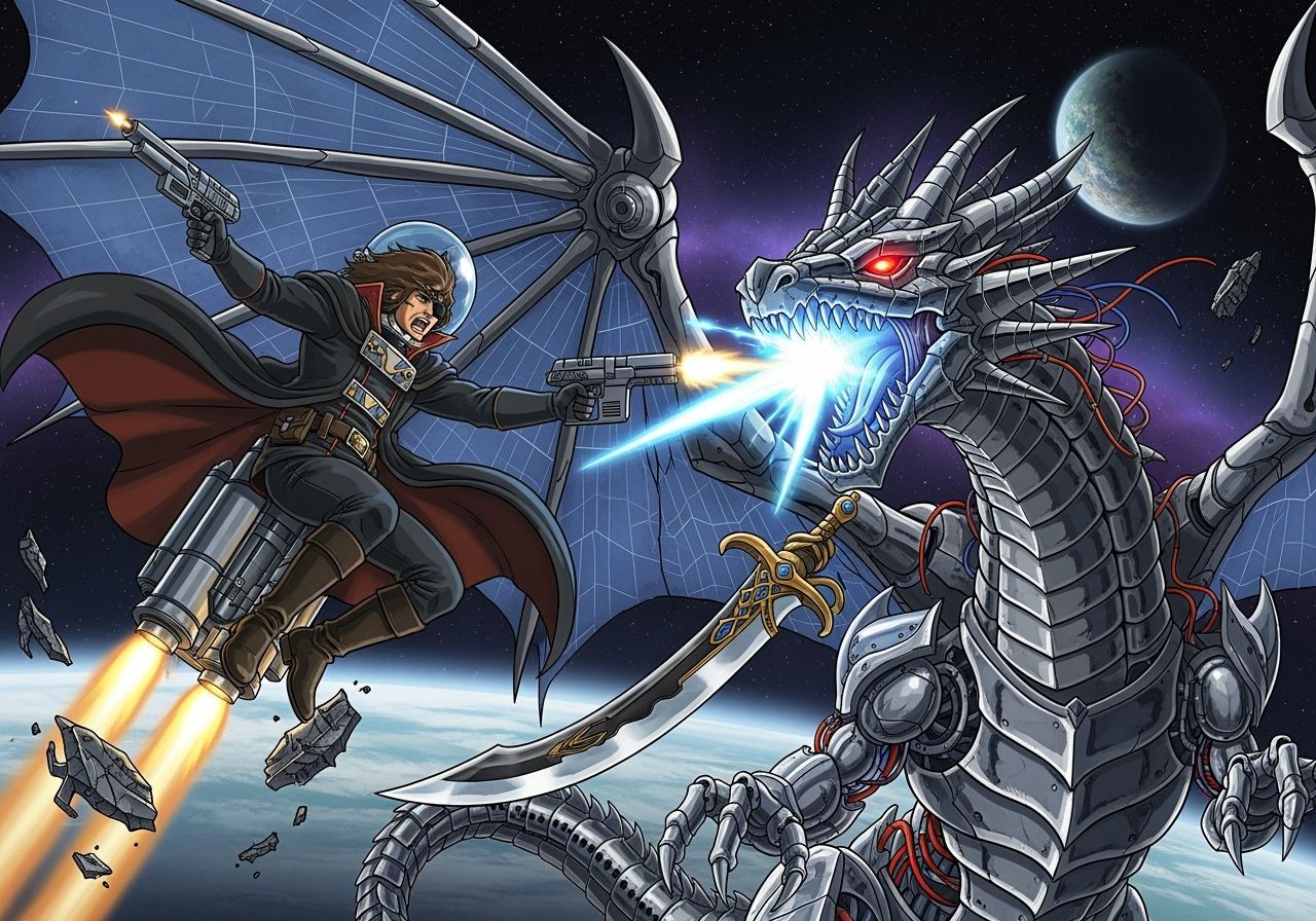 Space Captain Harlock Battles Cyber-Dragon in Anime Style