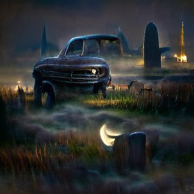 Sinister Graveyard Scene with Rusty Pickup Truck