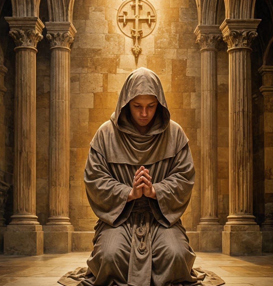 Monk Praying in Sepia-Toned Cathedral Painting