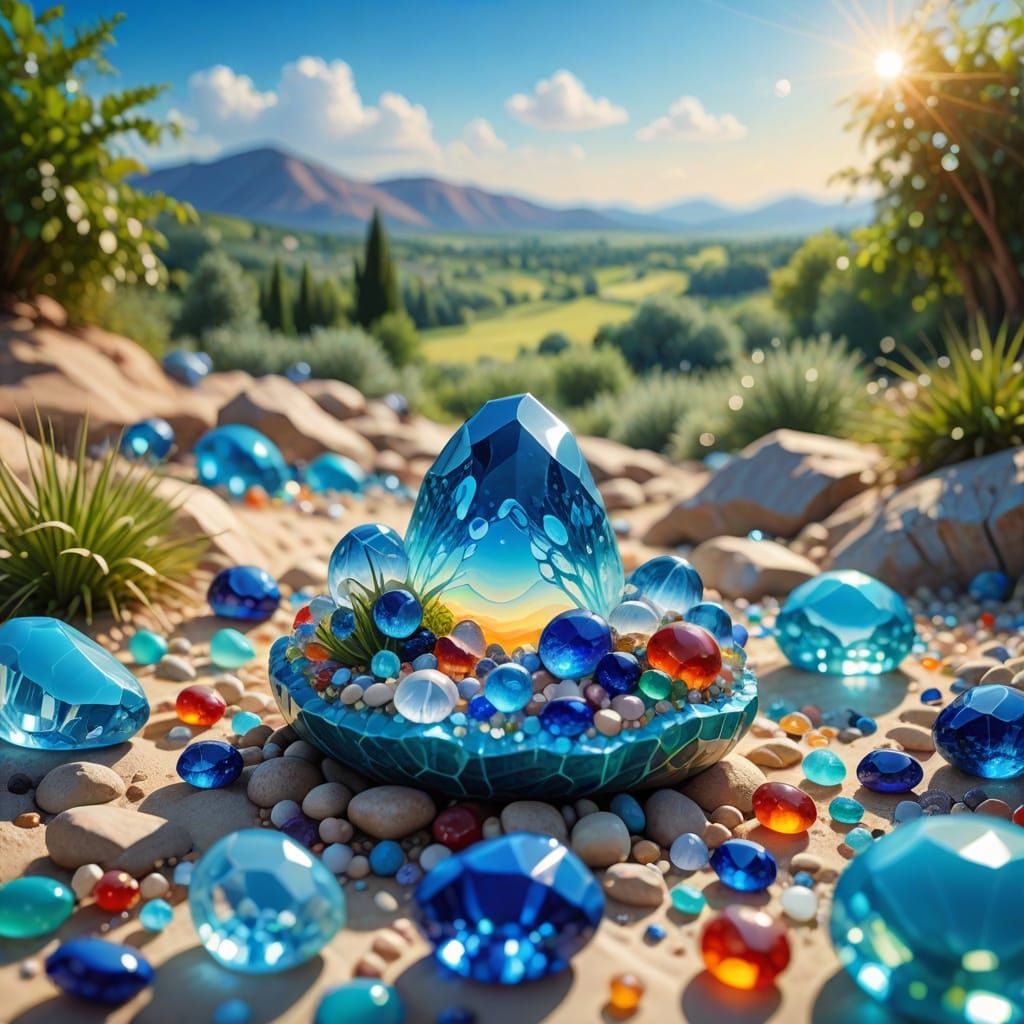 Surreal Summer Landscape in Vibrant Glass and Gemstones