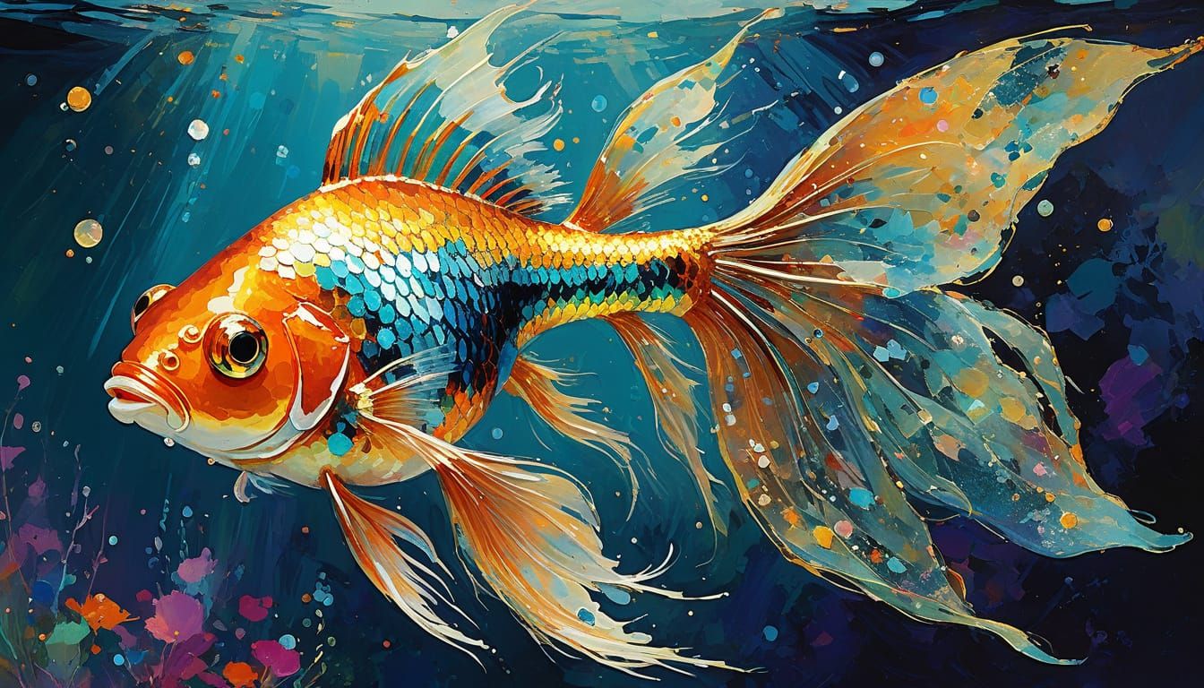 Leroy Neiman Style Glittery Goldfish and Diamond Bird Underw...