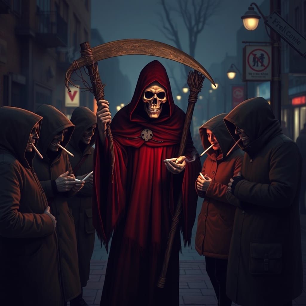 Grim Reaper Waits for Smokers on Cold Street
