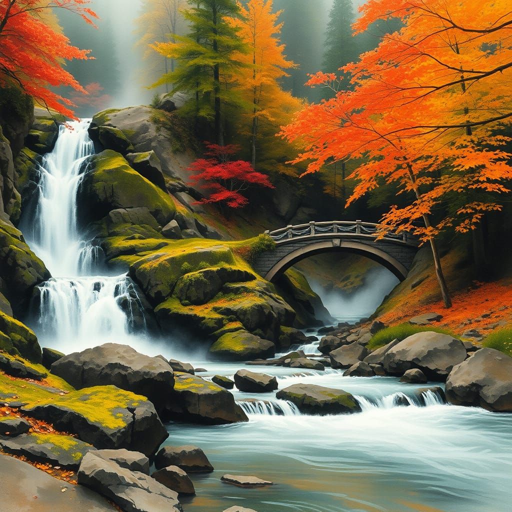 Serene Autumn Waterfall in Watercolor Style