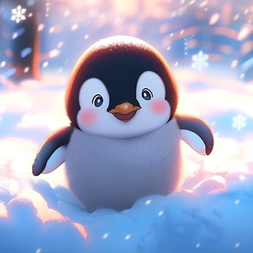 Cute Fluffy Penguins in Anime Style