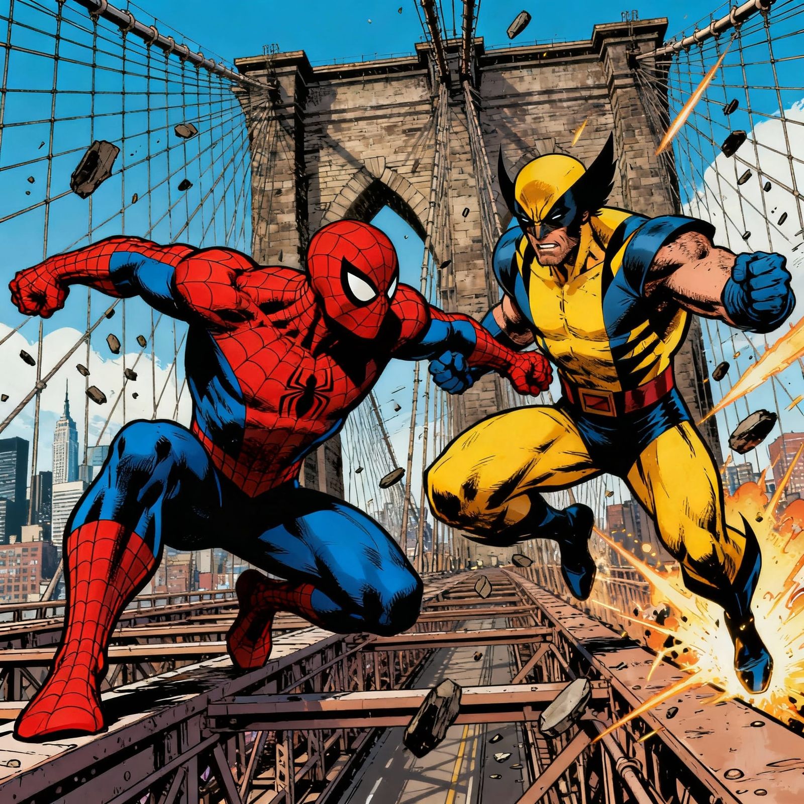 Spiderman & Wolverine Fight on Brooklyn Bridge in Comic Styl...