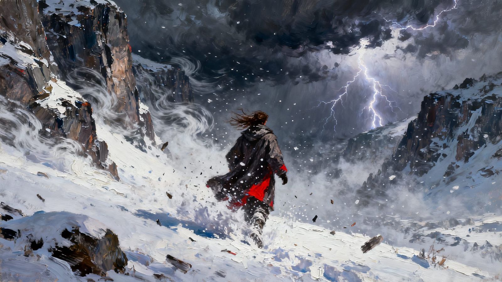 Figure Braves Violent Winter Storm in Impasto Style