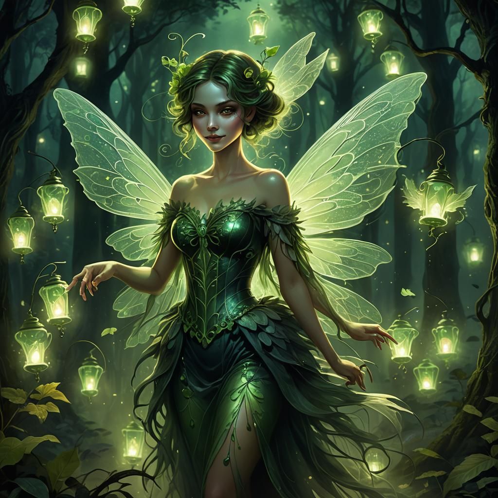 Absinthe Fairy in Mystical Forest, Dark Fantasy Art