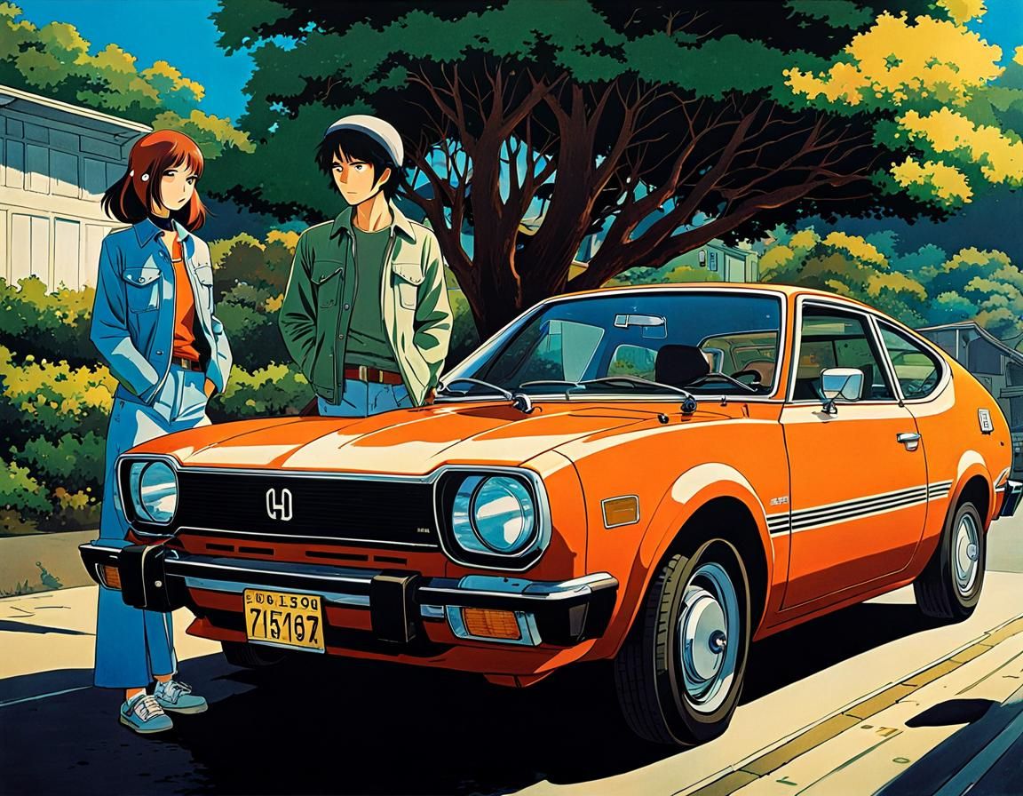 Anime Couple by Classic Car, Studio Ghibli Style