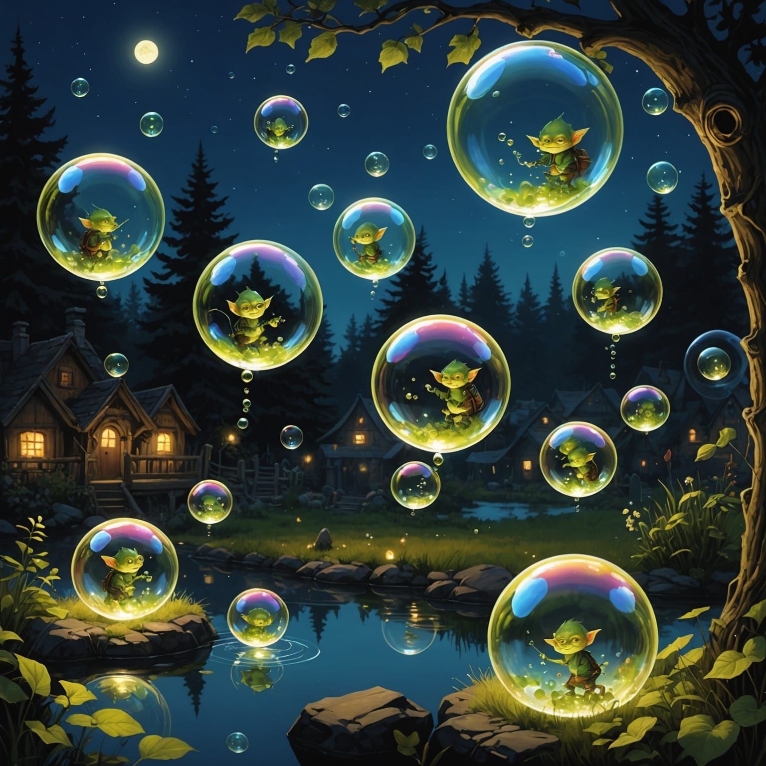 Goblins in Bubbles Floating on Summer Night