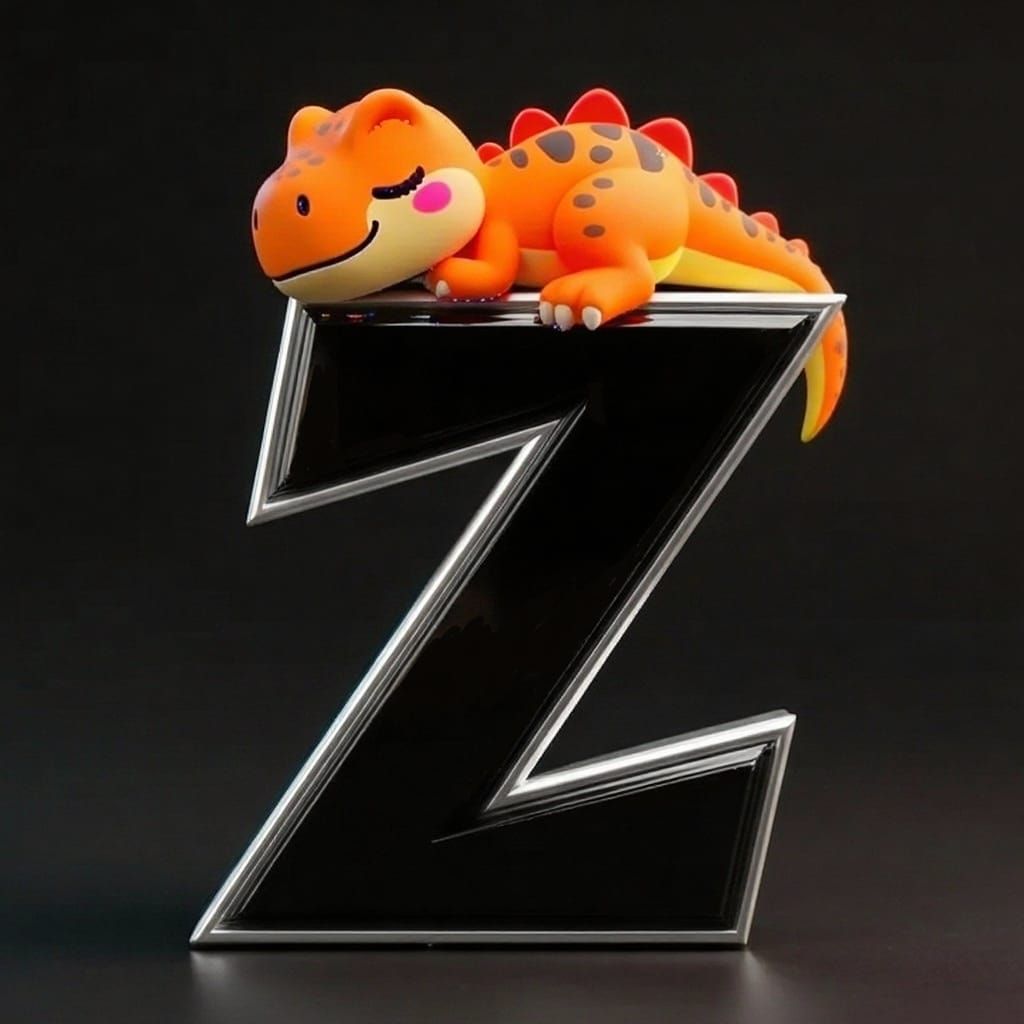 Black & Silver Letter Z with Adorable Chibi Tyrannosaur