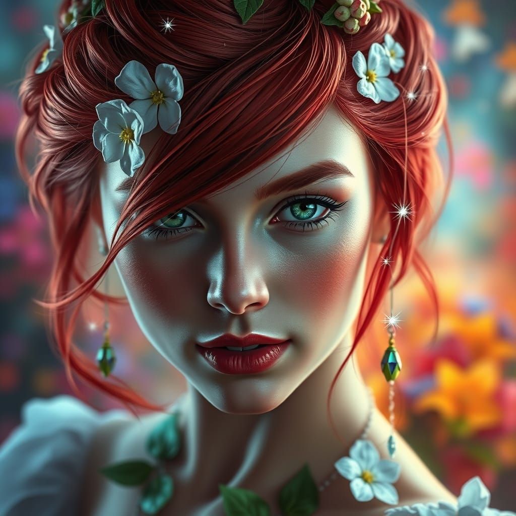 Forget-Me-Not Queen with Red Hair and Sparkles