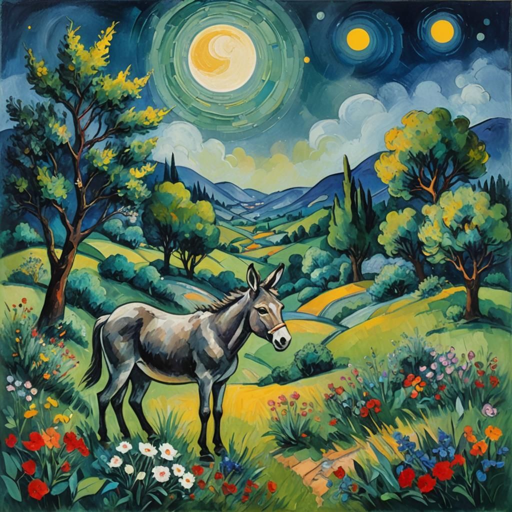 Donkey in Dreamscape: Gouache Painting in Chagall Style
