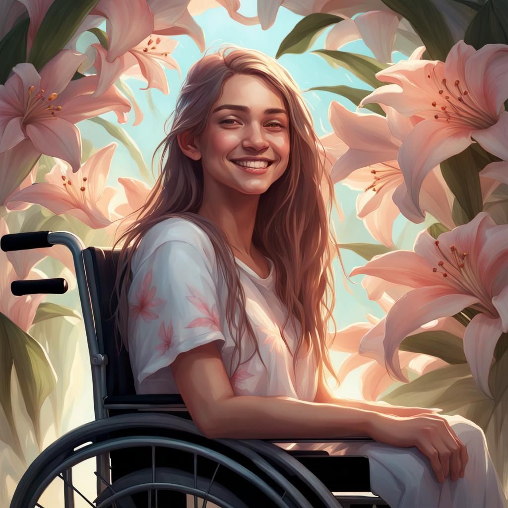 Smiling Teen in Wheelchair with Lilies: Hyperdetailed Portra...