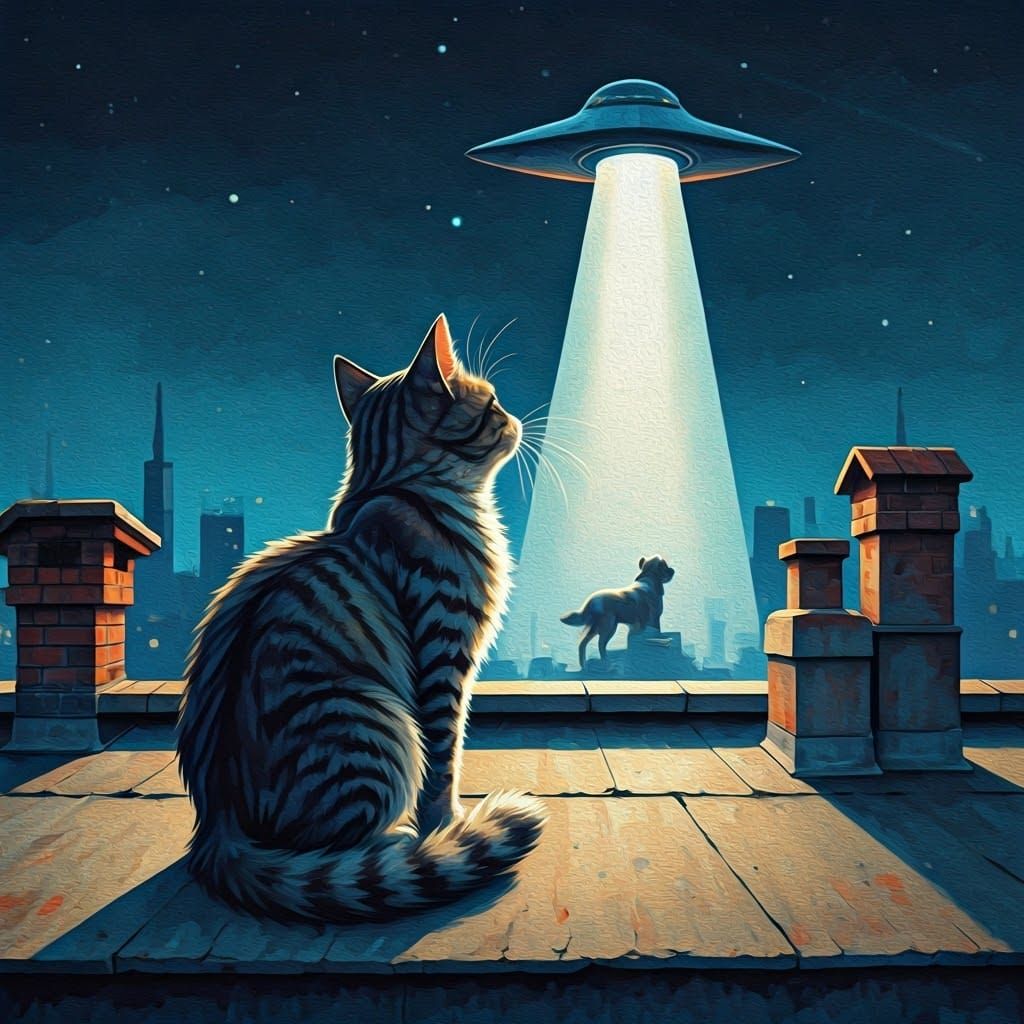 Cat Witnessing Alien Abduction as Gouache Painting