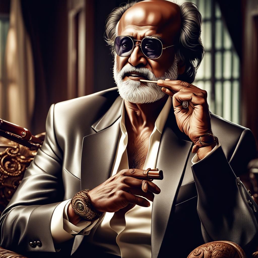 Hyperrealistic Portrait of Rajinikanth Smoking Cigar