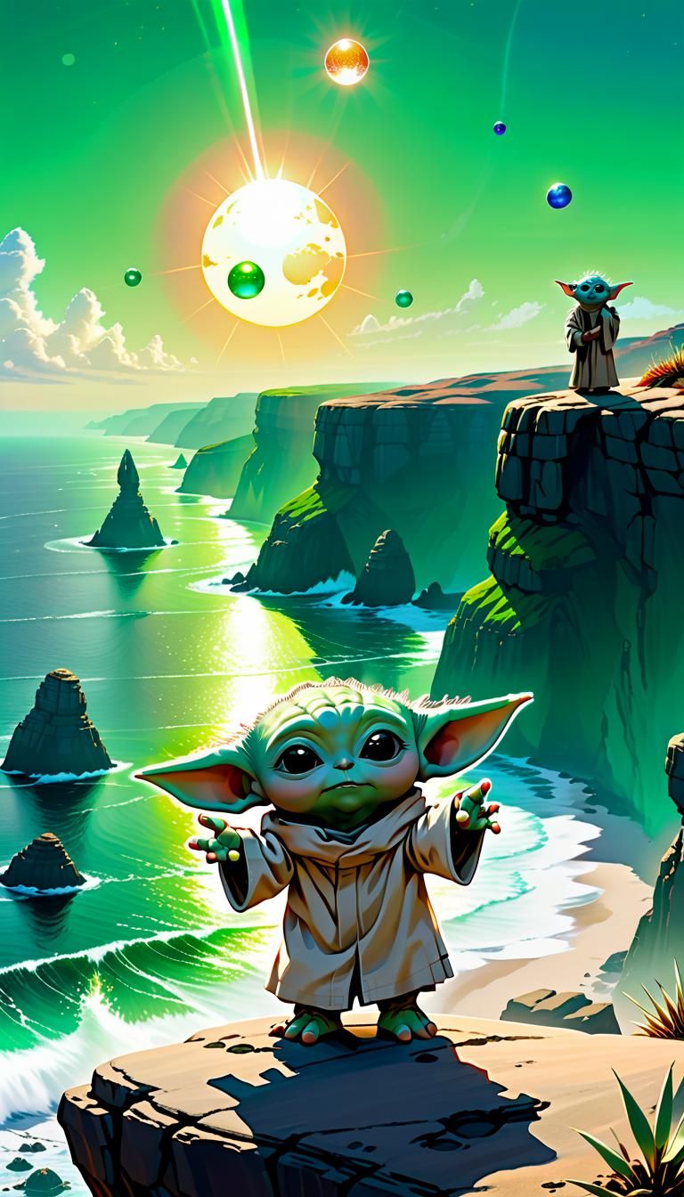 Baby Yoda Overlooking Ocean with Floating Orbs