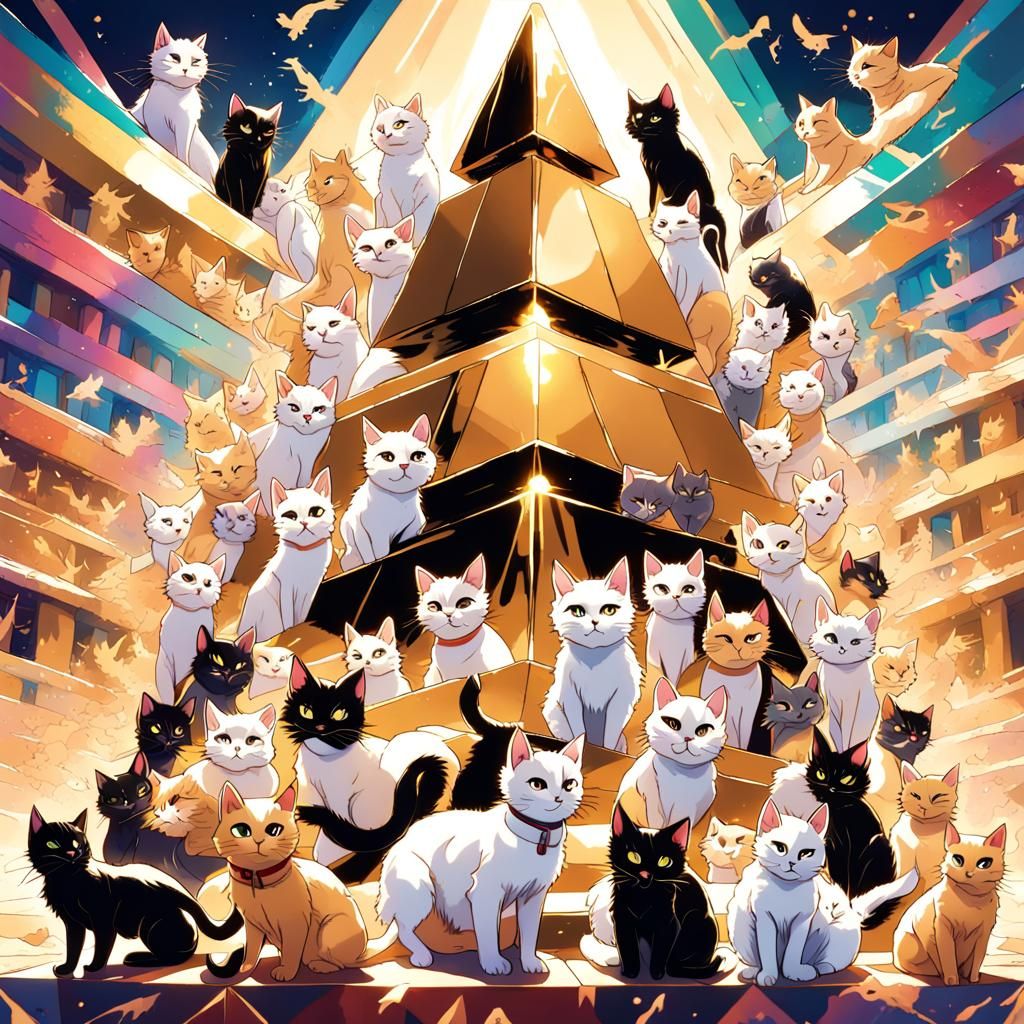 A hundred cats of various breeds and different vibrant colors playing around a very large shiny gold pyramid
