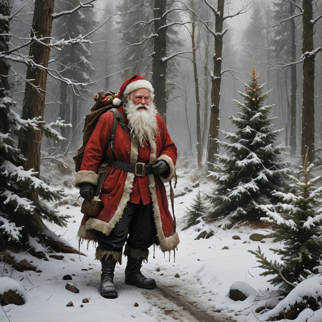Old-World Santa in Snowy Forest, Hyperrealistic Art