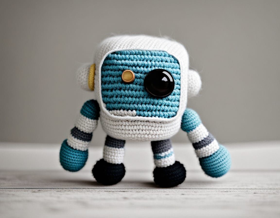 Adorable Crochet Robot on a Moonscape