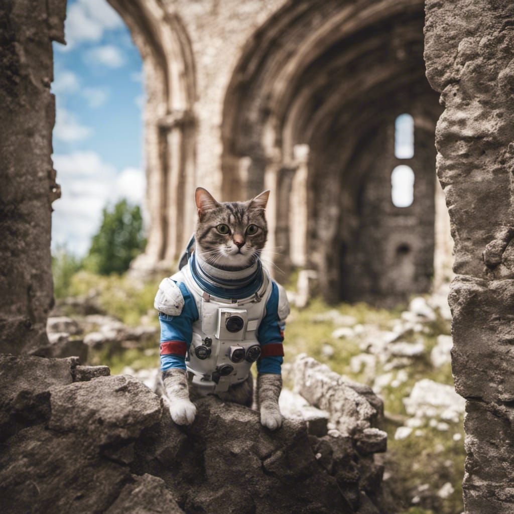 Cat Astronaut Explores Medieval Castle Ruins