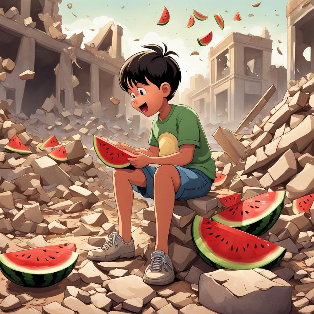 Cartoon Boy Eating Watermelon Amidst Destruction