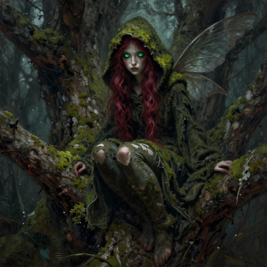 Mysterious Fairy on Ancient Tree in Painterly Style