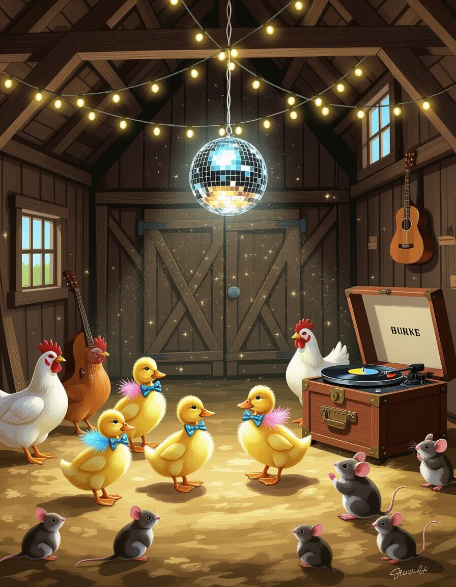 A cozy barn lit by fairy lights with ducklings dancing under...