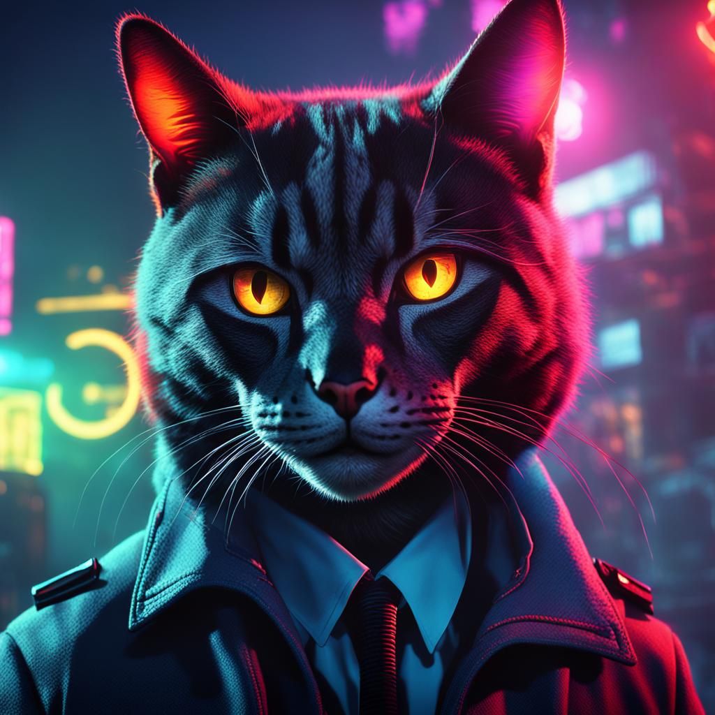 Detective Cat at Crime Scene in Cyberpunk Village