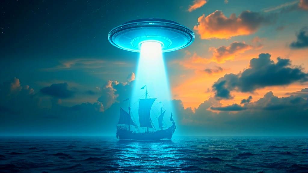Surreal UFO Illuminates Viking Longship at Sea