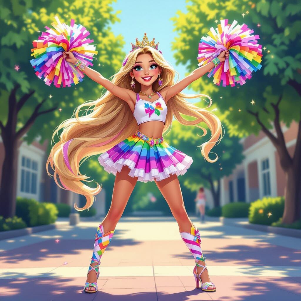 Rainbow Cheerleader with Unicorn Pom Poms in Splash Art Styl...