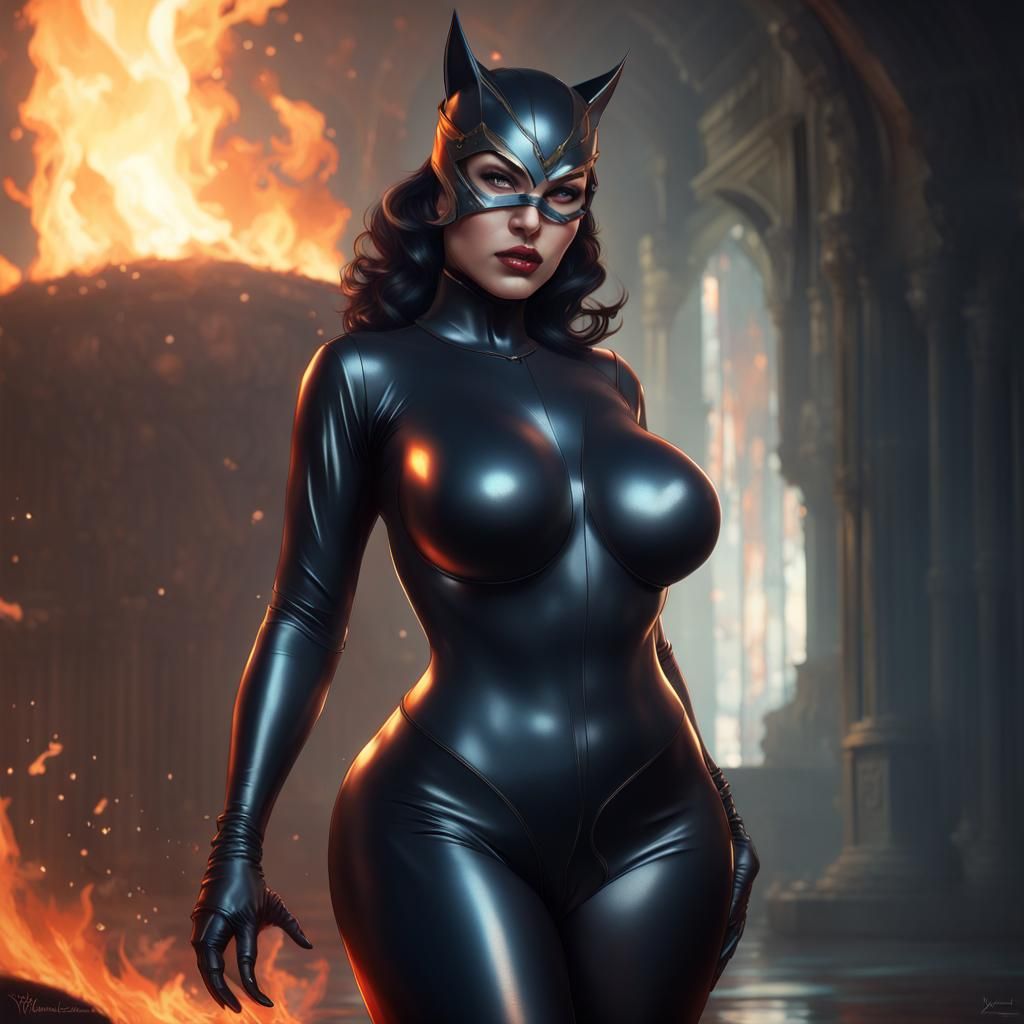 Curvy Catwoman in Fiery Battle: Digital Art Portrait