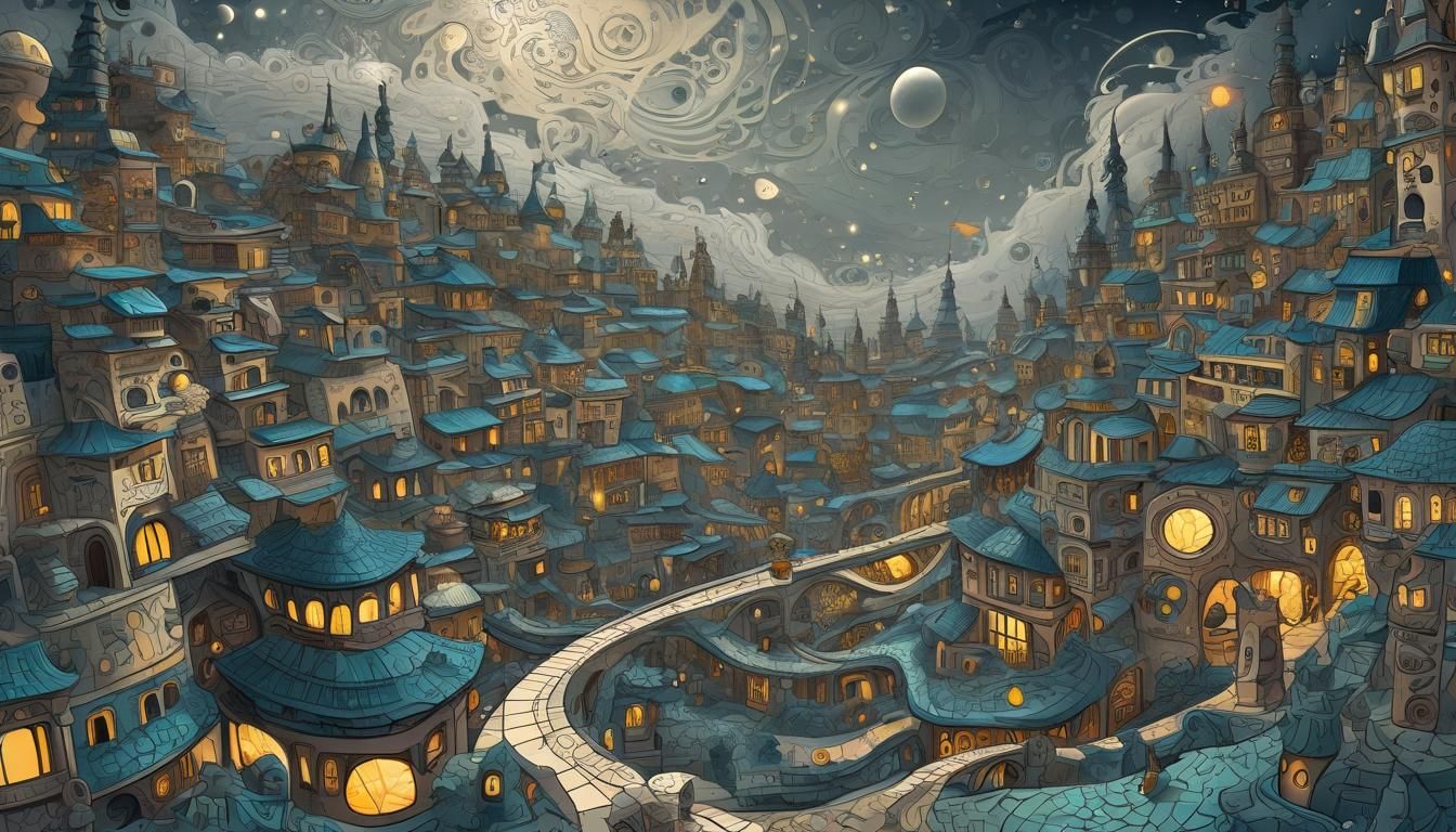 Abstract Fractal Cityscape with Cat People in Vector Art