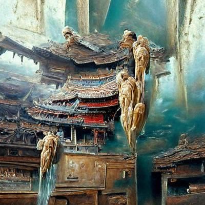 Immortals in Ancient Chinese Architecture: Oil Painting